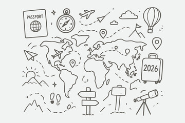 World Map Travel Routes 2026 – Hand Drawn Black and White Vector Sketch of New Year Adventure and Dream Journey