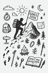 Climbing Toward Goals 2026 – Hand Drawn Black and White Vector Illustration of New Year Journey