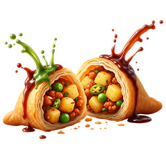 Crispy Samosas with Potato, Pea, and Spicy Sauce Splashes isolated on transparent background, png