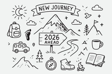 Mountain Road 2026 Ahead – Hand Drawn Black and White Vector Sketch of New Journey Adventure