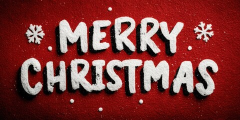 Vibrant Christmas Banner: Bold White Snow-Covered "Merry Christmas" Text and Snowflakes on Textured Deep Red Background, High Contrast Holiday Greeting