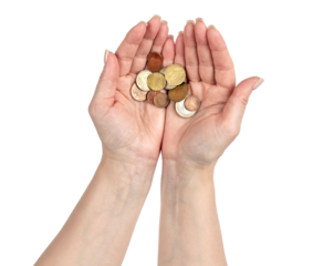 Woman hands holding euro coins, representing poverty, saving money, debt, and economic problems. Transparent background PNG for finance or crisis concepts.