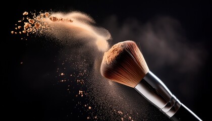 makeup brush releasing fine powder particles against a dark background showcasing beauty tools and cosmetics ideal for beauty and skincare product promotion and advertising