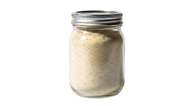 Glass jar of garlic powder isolated on transparent background