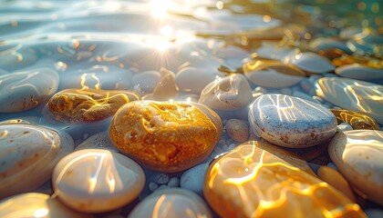 Close Up Of Wet Beach Pebbles With Golden Sunlight Reflection On A Calm Ocean Surface At Sunset