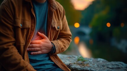 Man clutches stomach in pain, experiencing discomfort and discomfort, seeking relief outdoors with blurred bokeh lights.
