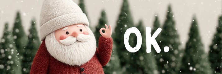 Minimalist Christmas Concept: Cute 3D Santa Mascot in Knit Hat Giving OK Hand Sign with "OK." Text on Snowy Pine Forest Background, Holiday Confirmation or Approval