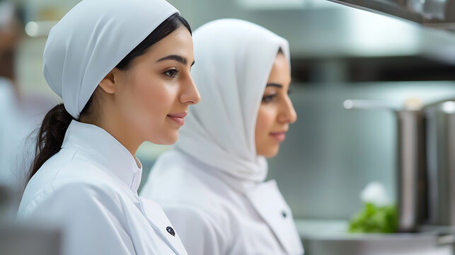 Two women chefs in uniform, one wearing a white hijab, stand side-by-side in a professional kitchen, showcasing diversity and culinary dedication in a modern setting. - Powered by Adobe