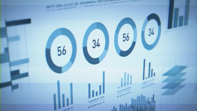 Business Stats Layout On Glitch Computer Screen/ Animation of a glitch technology textured business and market data analysis and reports, with infographics layout, bar stats, charts and diagrams - Powered by Adobe