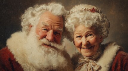 Naklejka premium smiling vintage santa portrait jolly wife mrs festive happy father couple christmas claus retro elderly white hair painting illustration smile saint nicholas holiday cheer happiness joy beard curly