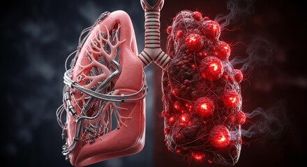 Futuristic biomechanical lungs in 3D, left side healthy and organic, right side infected with glowing red tumor-like nodes emitting smoke, cinematic lighting, 