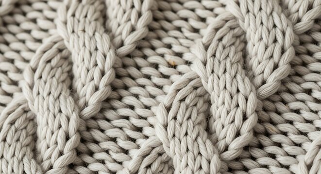 Close-up texture of thick, chunky grey cable knit wool fabric with interwoven strands image photo