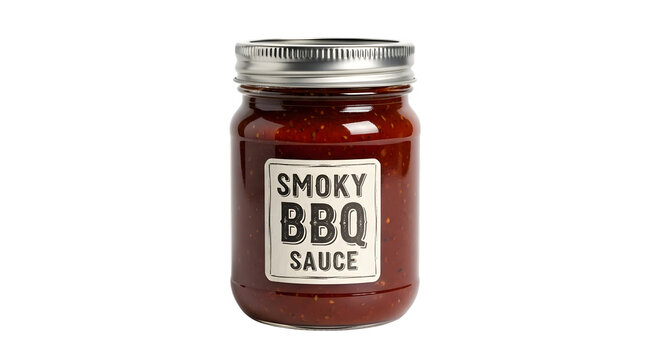 Smoky bbq sauce in a glass jar isolated on transparent background