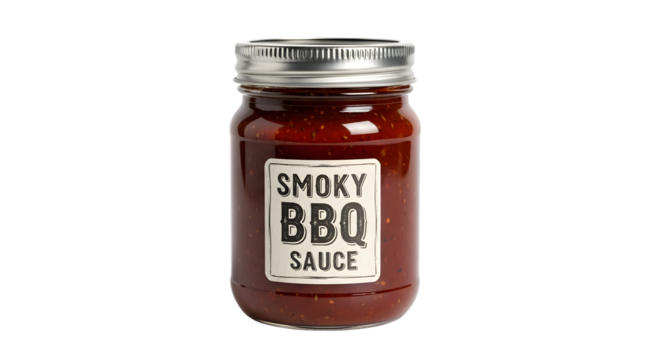 Smoky bbq sauce in a glass jar isolated on transparent background
