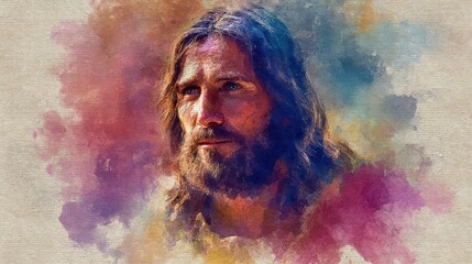 Spiritual portrait of jesus christ in mixed media watercolor art for inspirational design