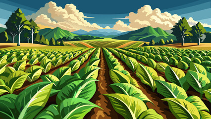 Obraz premium Very beautiful landscape of a tobacco field in Kentucky, showcasing neatly arranged rows of lush green tobacco plants under a bright sunny sky, capturing the essence of rural American farmland.