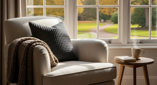 Cozy armchair by a window with a steaming mug and autumn view Keywords: cozy, armchair, chair, cushion, pillow, blanket, throw, window, view