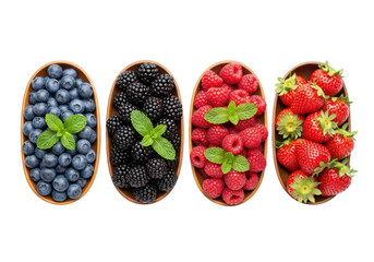 Berries Mix Assortment Overhead Arrangement Bowls Containing Strawberries Raspberries Blackberries Blueberries Still Life Isolated Transparent Background