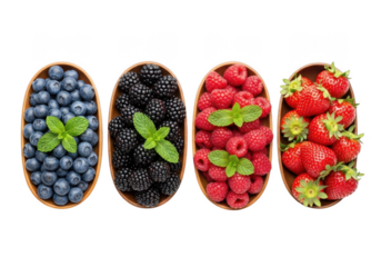 Berries Mix Assortment Overhead Arrangement Bowls Containing Strawberries Raspberries Blackberries Blueberries Still Life Isolated Transparent Background