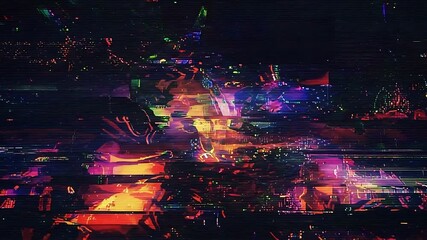 Abstract glitch art background with distorted cityscapes and vibrant colors creating dynamic