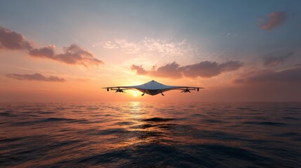 Unmanned aerial drone flying over ocean at sunset. High-tech aircraft for surveillance and future military technology or reconnaissance mission concept.