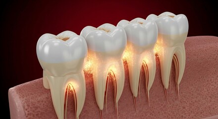 Realistic 3D Medical Illustration: Teeth with Inner Inflammation Spreading to Roots