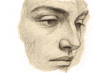Melancholic face sketch drawing with hatching style, pensive expression, isolation, human emotion, on transparent background