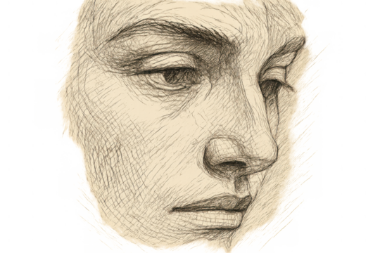 Melancholic face sketch drawing with hatching style, pensive expression, isolation, human emotion, on transparent background