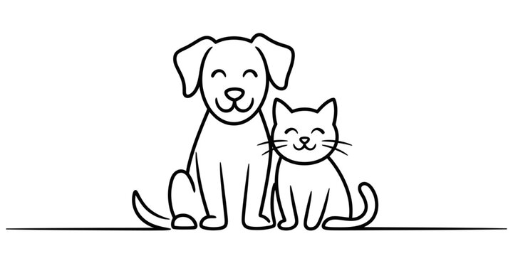 Friendly cartoon dog and cat sitting side by side, happy animal companionship in a minimalist outline drawing, vector illustration for pet care or veterinary design projects.