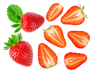 Realistic Whole and Sliced Strawberries with Leaves, Top View Set, Isolated on Transparent Background PNG
