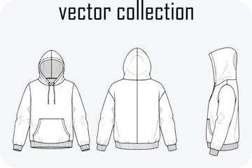 Vector collection of detailed fashion illustrations showcasing hoodies from front back and side views for apparel design and mockups