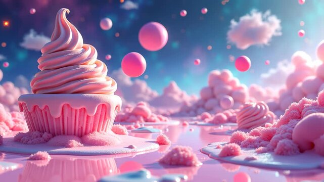 Surreal cosmic landscape featuring planets made of dripping ice cream in soft pastel tones. The sky is filled with floating candy-like nebulae, and glowing stars 