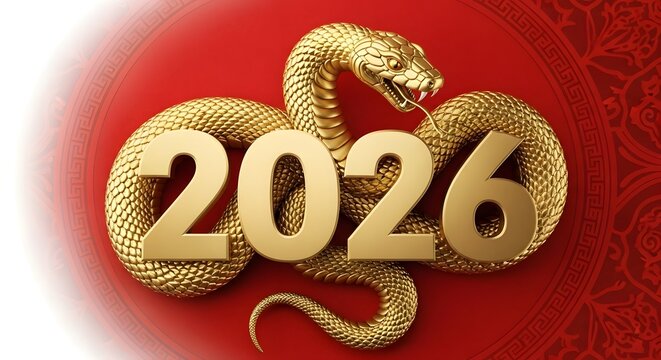 Year of the snake 2026 with golden snake and numbers on red background