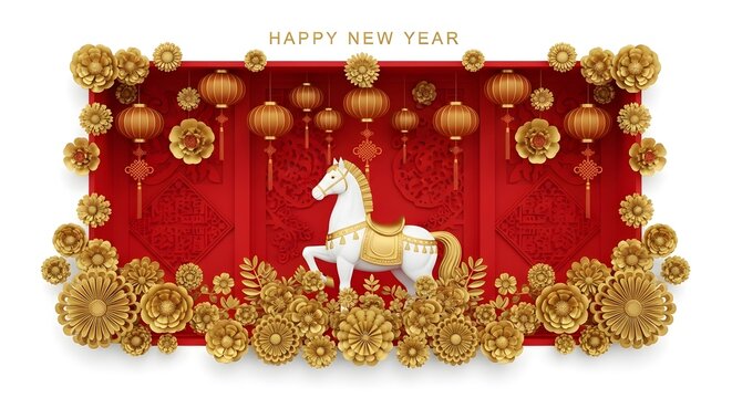 Happy new year 2026, year of the horse with lantern and flower isolated on white background