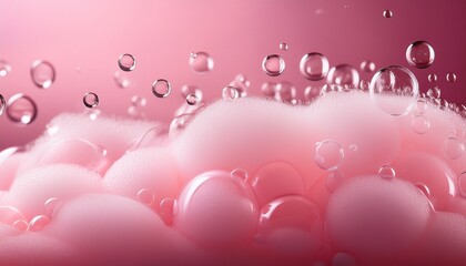 close up view of soft pink foam surface with transparent water droplets suspended in the air creating a serene and refreshing atmosphere for design and creative projects