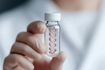 Close-up of a gloved hand holding a vial with a DNA strand inside, symbolizing genetic research, medical breakthroughs, and the future of biotechnology.