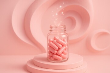 Vivid Pills in a Bottle: An eye-level shot captures a collection of vibrant pills inside a clear bottle, set against a delicate, artistic background. The scene speaks of health and well-being.