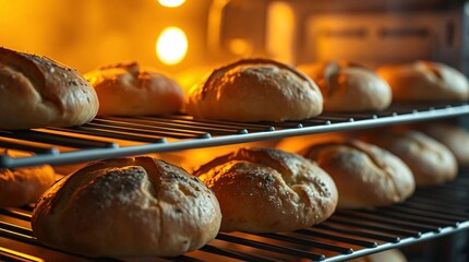 Fresh bread rolls production or baking facility Oven with multiple rotating racks