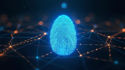 A futuristic digital fingerprint, glowing in electric blue. Blockchain network of interconnected nodes pulses with golden light. Cybersecurity, data protection, intellectual property security. - Powered by Adobe