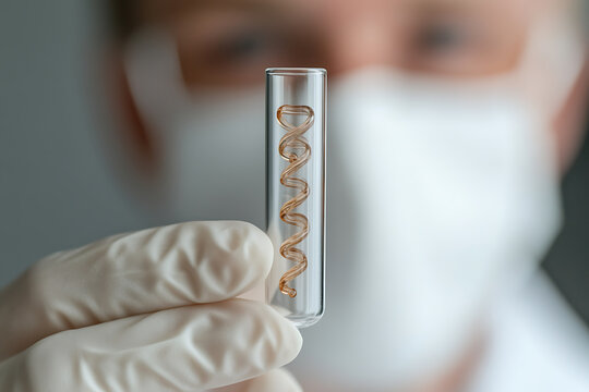 Close-up: gloved hand holding vial with helical structure. Focus on science, research, and healthcare, highlighting technology's intersection with biology and medicine.