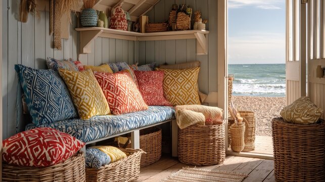 colorful beach hut interior showcasing wicker baskets and patterned cushions in coastal decor with soft natural lighting by the ocean
