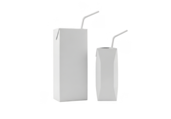 Blank Juice Boxes with Straws Isolated on Transparent Background. White Paper Carton Packaging Mockup.