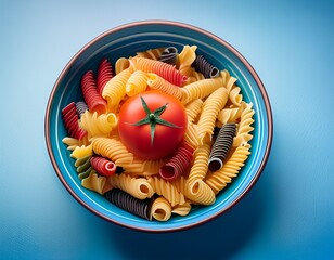 colorful pasta in a blue bowl featuring spiral shapes and a vibrant red tomato beautifully arranged against a soft gradient background evoking a sense of freshness and culinary delight