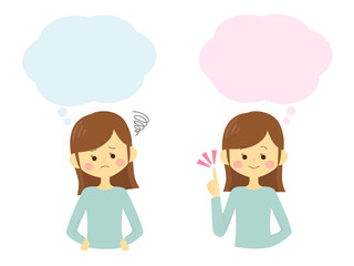 吹き出し付きの悩んでいる女性とひらいたポーズの女性のイラスト	