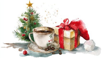 festive watercolor illustration featuring a holiday coffee cup decorated christmas tree gift box with ribbon and santa hat capturing the essence of seasonal celebrations and joyful moments