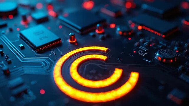 Golden copyright symbol deeply engraved onto an dvanced electronic circuit board. The board glows with neon blue and red lights, digital rights, technology patents, intellectual property