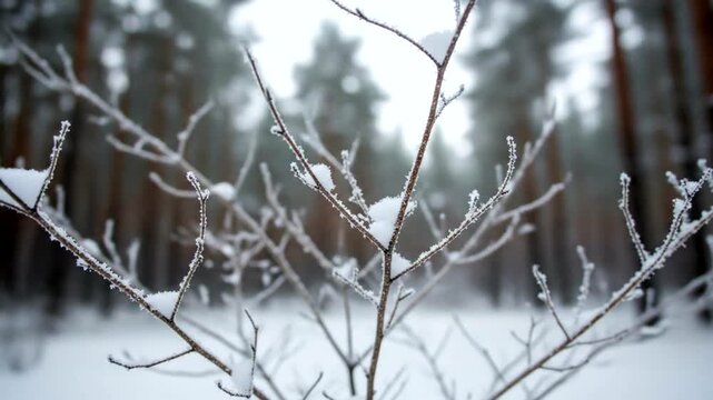 Frost-covered branches in a snowy forest, creating a serene winter atmosphere