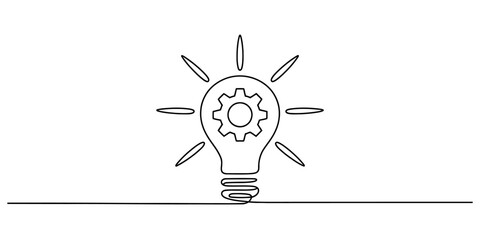 Continuous line drawing of a light bulb with a gear inside, symbolizing innovation, ideas, problem-solving, and mechanical thought process concept on a white background.