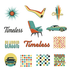 Nostalgic retro design elements for vintage style projects, featuring classic car and mid century furnitur
