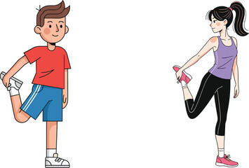 Cartoon man and woman doing standing quadriceps stretch exercise, fitness warm up illustration, healthy lifestyle training vector for sports content